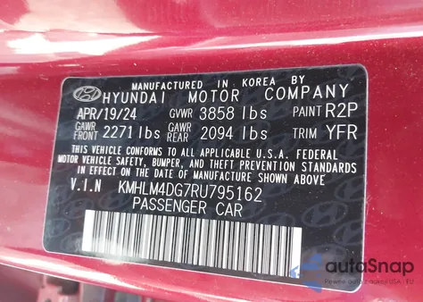 2024 Hyundai Elantra Sel z USA, uszkodzony, nr VIN KMHLM4DG7RU795162